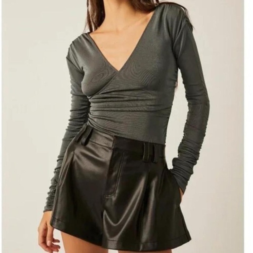 Free People Gray Wrap Long Sleeve Bodysuit